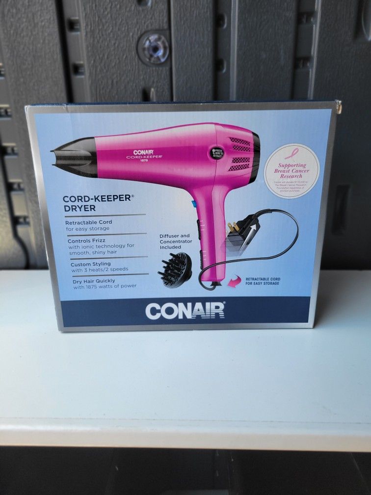 Conair Hair Dryer with Retractable Cord, 1875W Cord-Keeper Blow Dryer, Pink