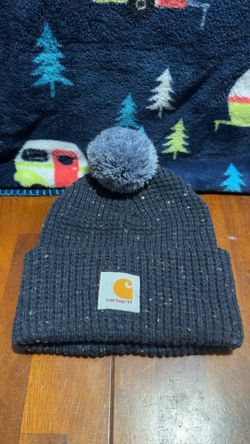 Carhartt Wool Blend Cuffed Beanie Navy Blue Speckled With Puff Ball 
