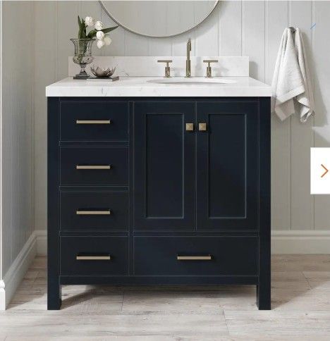 50% OFF - ARIEL Cambridge 36" Bathroom Vanity Midnight Blue w/ Carrara Quartz Top Single Sink