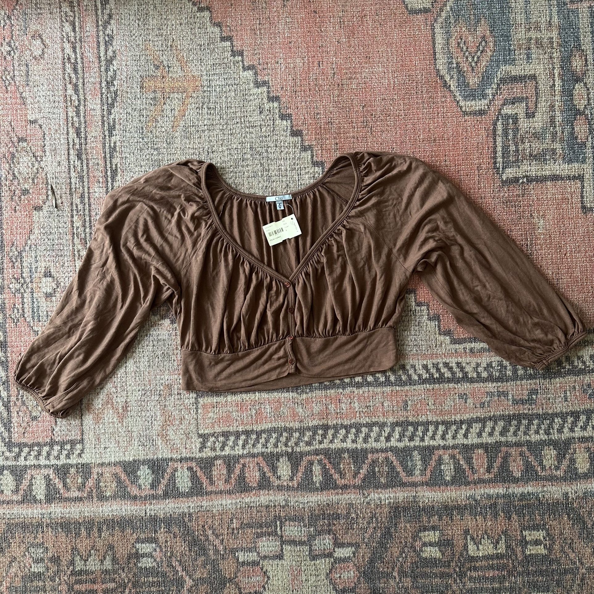 Elyse Walker Brown V-Neck Button-Down Cropped Blouse