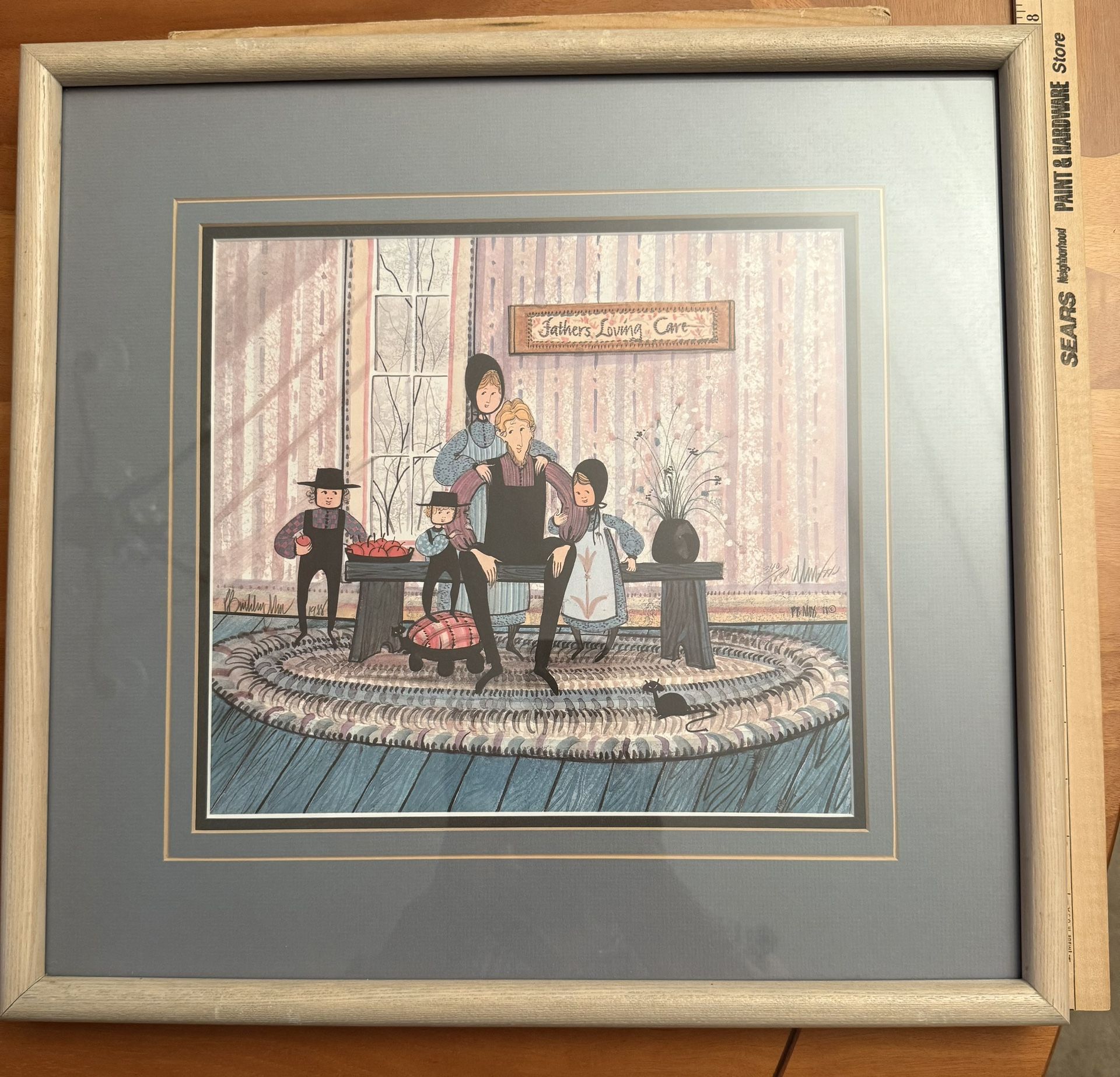 Signed and numbered P. Buckley Moss print of "Father's Loving Care" from 1988. Limited edition print, # 340