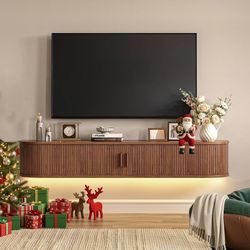 71” Floating TV Stand with Power Outlet for TVs up to 80", Fluted Entertainment Center with Remote Control for LED Lights, Mid-Century Modern TV Conso