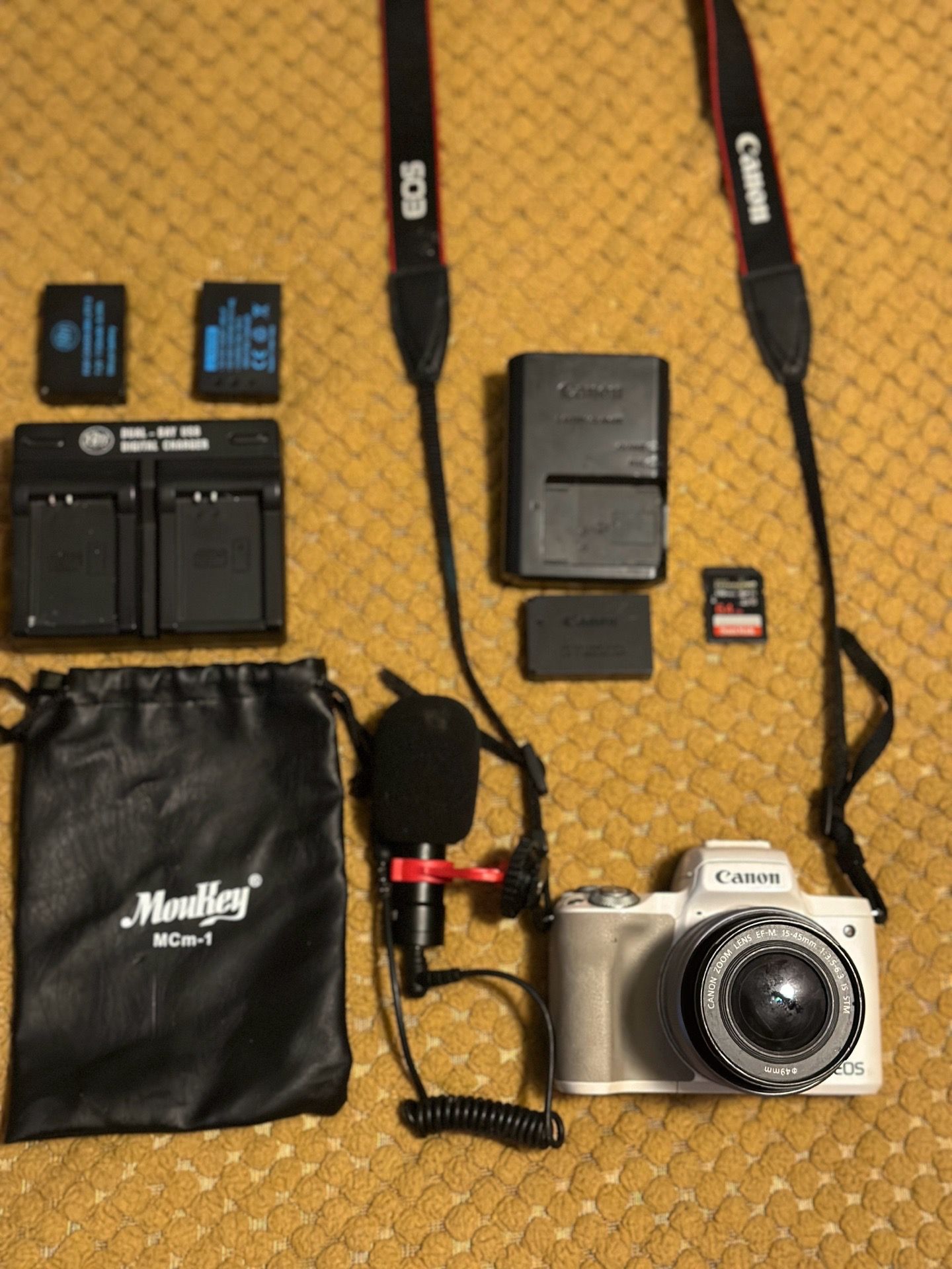 WHITE Canon EOS M50 Camera Bundle + Lens + Mic + Extra Batteries + 64GB SD Card
