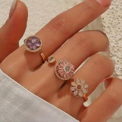 Adjustable Anxiety Relief Rotating Women's Ring, Copper Micro-Inlaid Cubic Zirconia Ring, Personalized Fashion Open-Ended Ring, Color-Preserving Desig