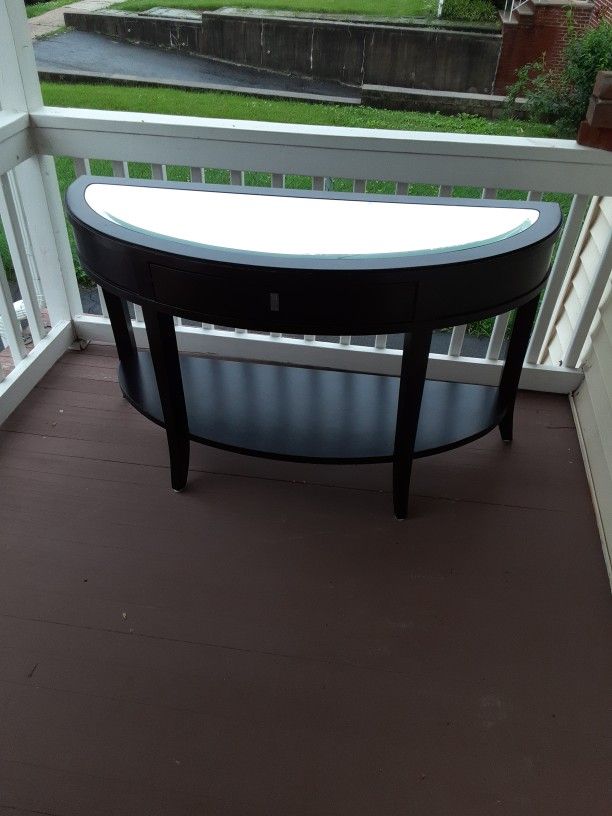 Beautiful Black Wood Console Half Moon Table With Mirror Top Shelf And On The Bottom And 1Drawer.