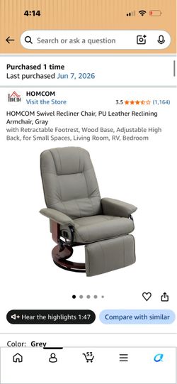 HOMCOM Gray PU Leather Swivel Recliner Chair