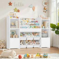 Kids Bookcase Toy Storage Organizer, Wooden Toy Chest for Kids with 6 Removable 
