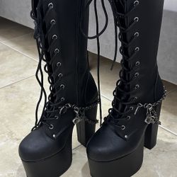 Black Sexy Lace Up Knee High Boots
