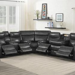 New Top Grain Genuine Leather Sectional Sofa With Four Power Recliners Four Power Headrest Wireless Charging Bluetooth Speakers Touchpad Recliner Cntr