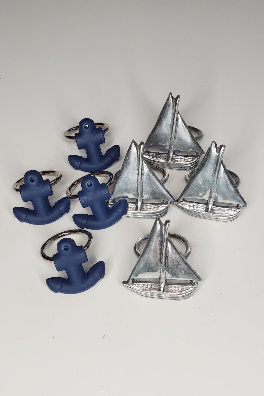 Nautical Silver Pewter Sailboats And Blue Anchors Napkin Rings Holders 
