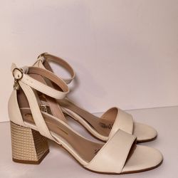 Women's Cream Block Heel Sandals with Ankle Strap Size 8