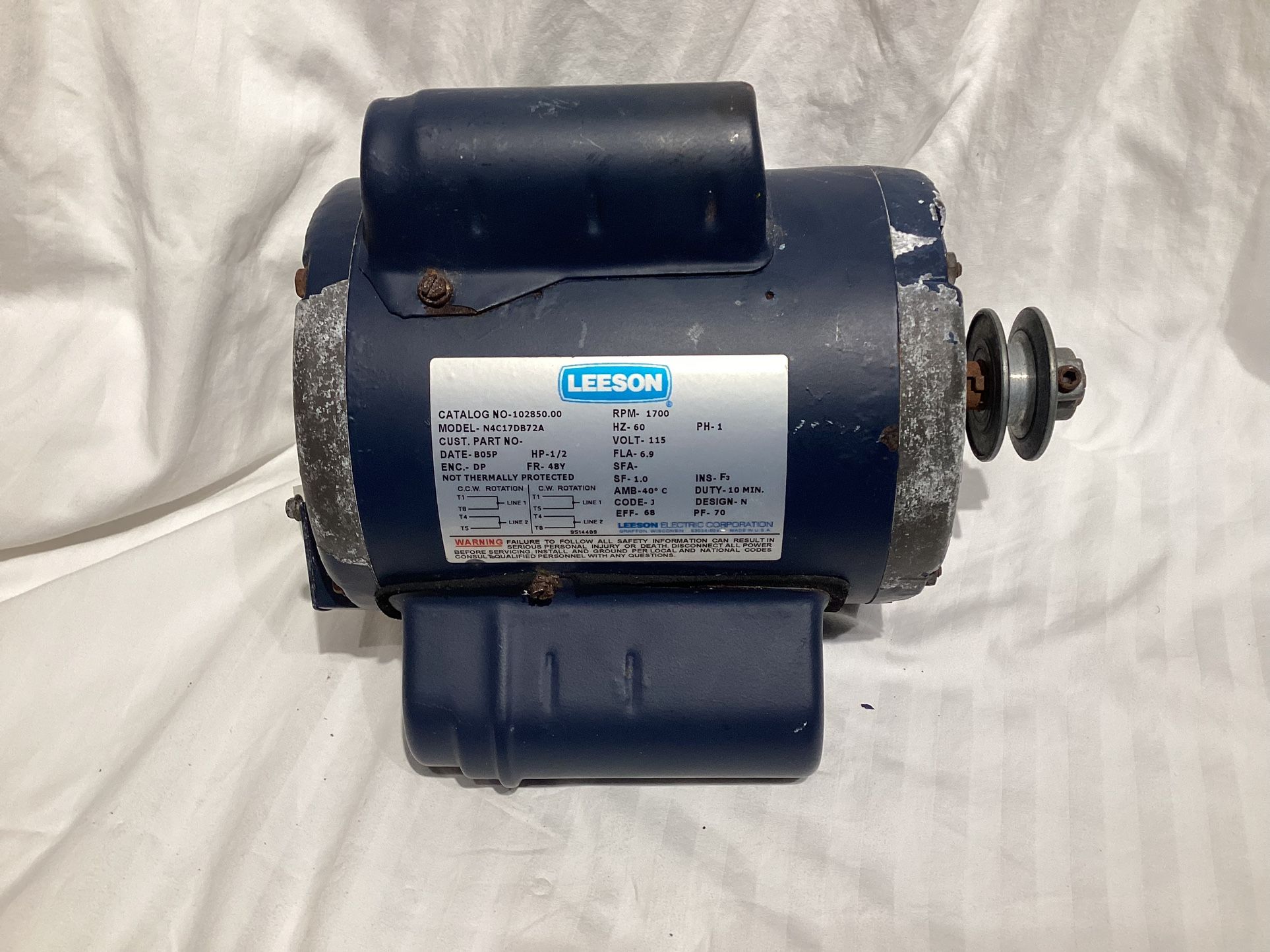 Leeson 1/2 HP Electric Motor, 102850.00, N4C17DB72A, Low Usage
