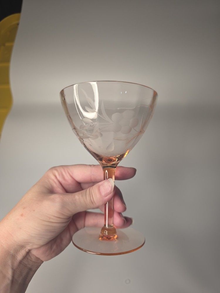 7 Etched Floral Pink Depression Glass Champagne