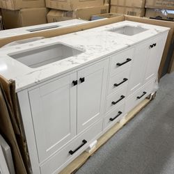 Bathroom vanity cabinet 72” solid mango Quartz top with sinks and backsplash 