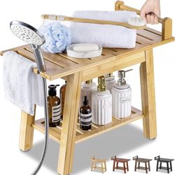 2-Tier Bamboo Shower Bench, 24 Inch Spa Stool with Storage Shelf for Inside Shower Legs Shaving, Entryway or Bathroom, A-Shaped Shower Bath Seat for S