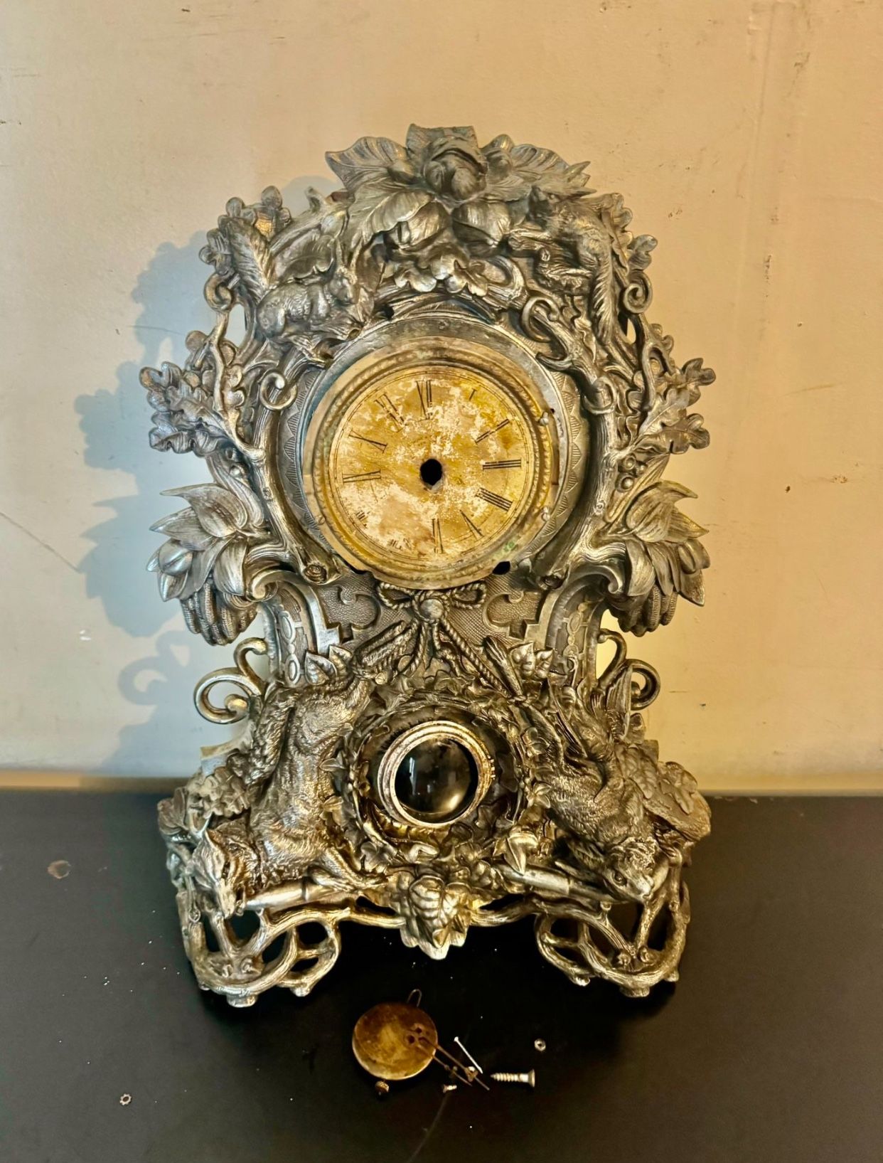 Antique 1858 Cast Iron Mantle Clock N. Muller NY No 65 Fox and the Hare 19” (Rare project)