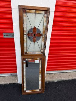 Vintage Leaded Stained Glass Window – 2 Wood Sashes – Architectural Salvage