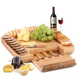 Bamboo Cheese Board & Cutlery Knife Set w/ Slide Out Drawer. NEW IN BOX.