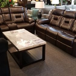 Brand New Brown Or Gray Leather Gel Manual Reclining Sofa + Loveseat With Center Console And Cup Holders
