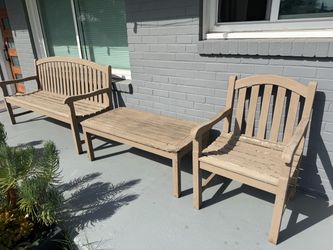 3-Piece Wood Patio Set – Curved Bench, Armchair & Coffee Table (Solid Wood)