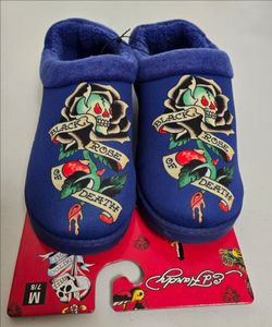 Ed Hardy Black Rose of Death Slippers Size 7/8