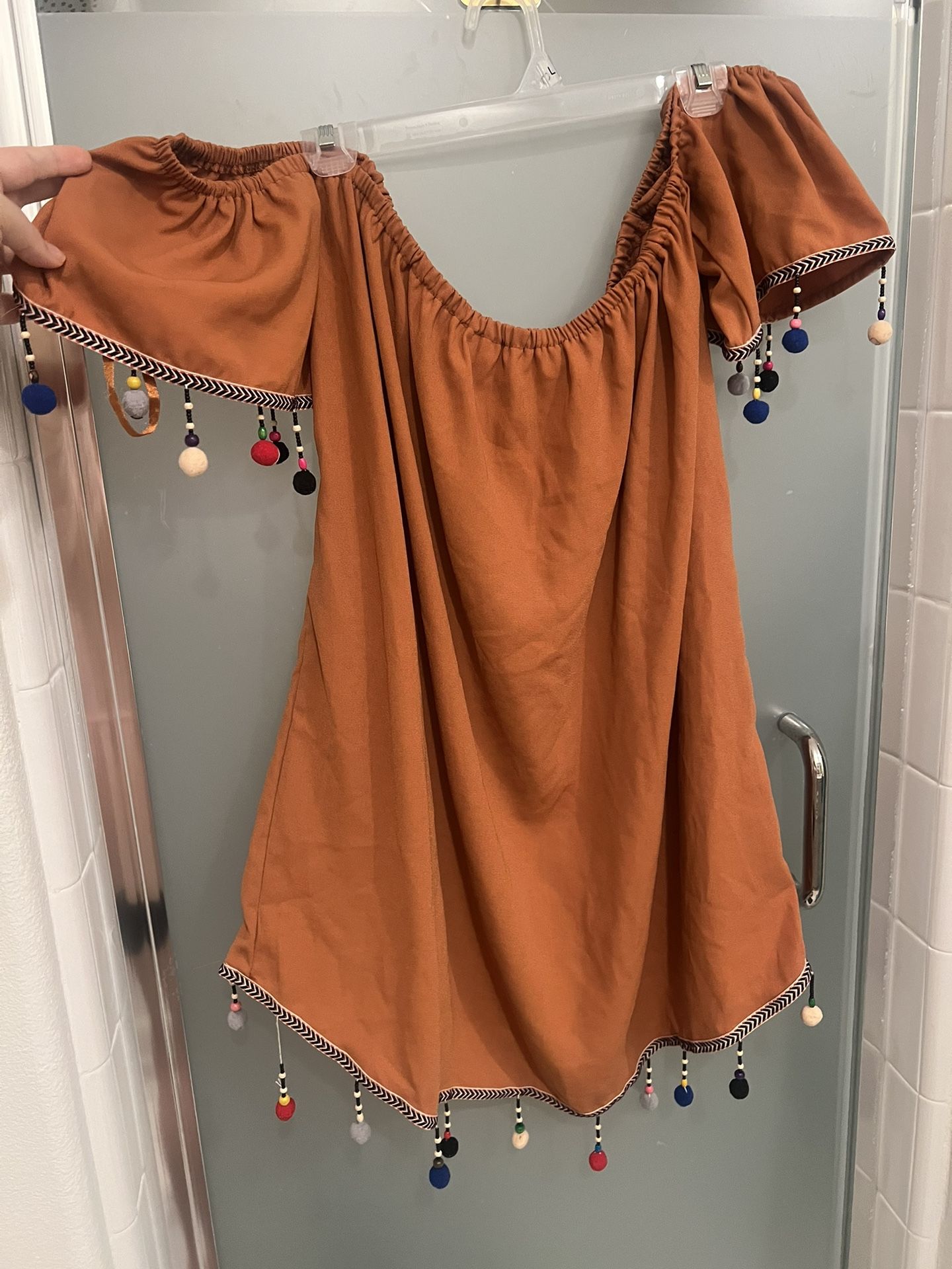 New Orange Offshoulder Pompom Tribal Latin Inspired Dress