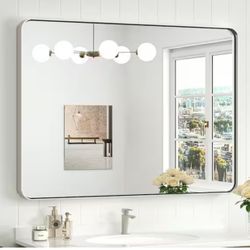 KeonJinn 40 in. W. x 30 in. H Modern Rectangular Brushed Nickel Bathroom Mirror Aluminum Framed Wall Bathroom Vanity Mirror