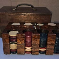 1930s/40s Vintage Poker Chips with Wooden Box and Card Holders. All Original. 
