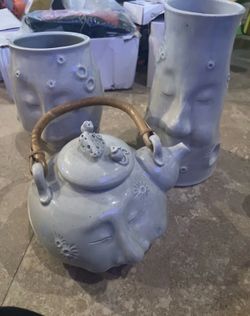 Sculptural Studio Art Pottery Set — Sleeping Moon Face Vases & Teapot, Signed by Theresa Slaughter (3 Pieces)