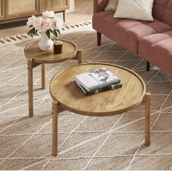 A-W206 $160 mopio Dylan Coffee Table, Small Round Coffee Table Set, 2 Piece Solid Wood, Boho, Farmhouse, Rustic, Modern, Circle, Living Room Table, N