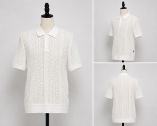 Barabas White Crochet Knit Polo Shirt Men’s L