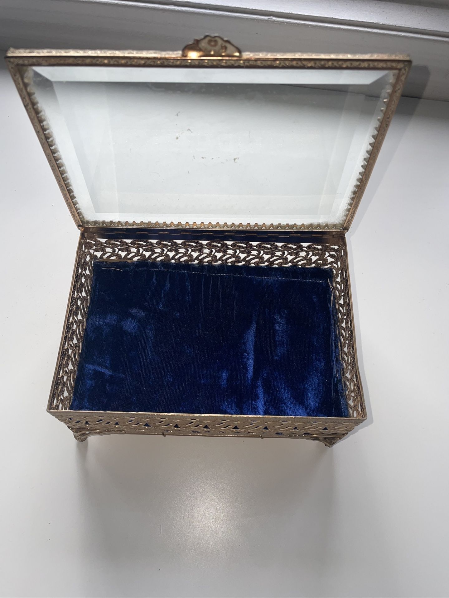 Vintage Gold Colored Brass Velvet Interior Jewelry Box Rectangular Shape