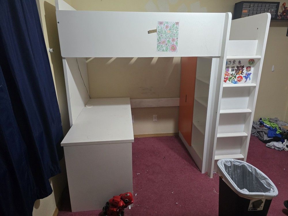 Loft Bed With Mattress, Desk, Closet, And Shelves