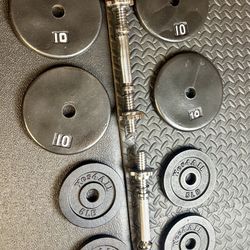 NEW Set of Cast Iron Adjustables Dumbbells With Weight Plates: 10s and 5s pounders. Brute W: 70 #