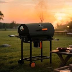 Barrel Charcoal Grill with Manual Rotisserie Meat Fork