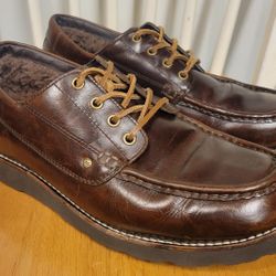 Ugg Mens Boat Shoes Dark Brown Leather Sheepskin Lined Oxford Classic Sz 11