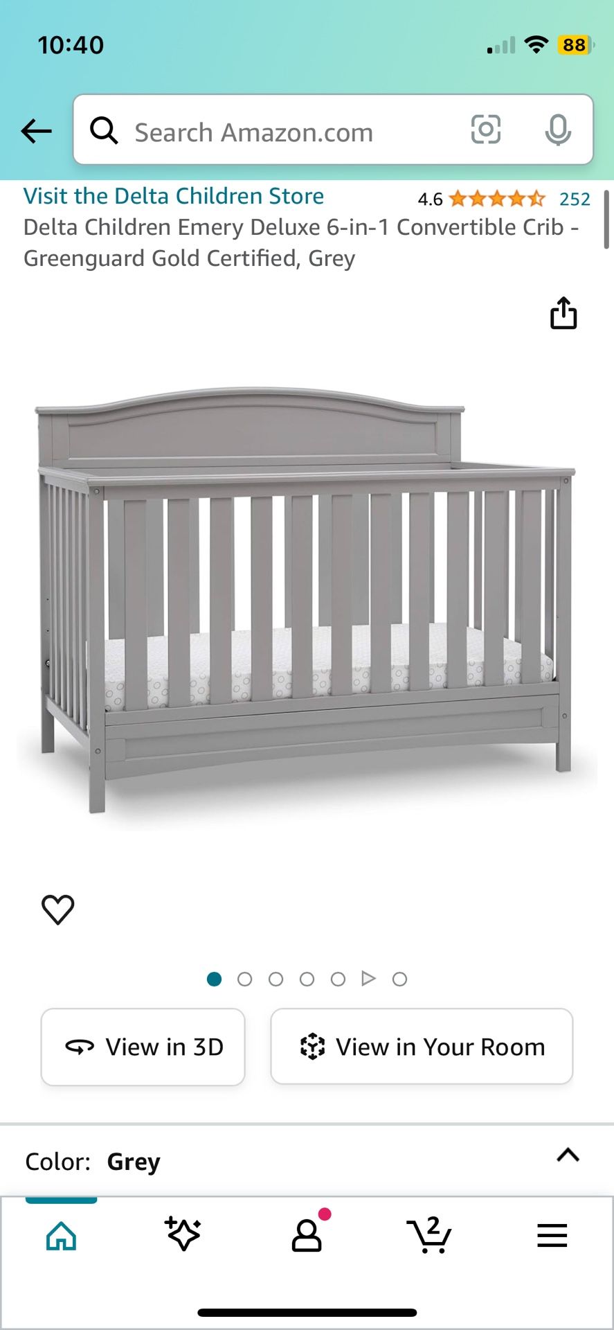 Delta 6 in 1 Deluxe Grey Crib - Like New