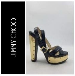 New Jimmy Choo Black Croc Embossed Ultimate Wooden Ankle Strap Platform size Italian 37 |US 7