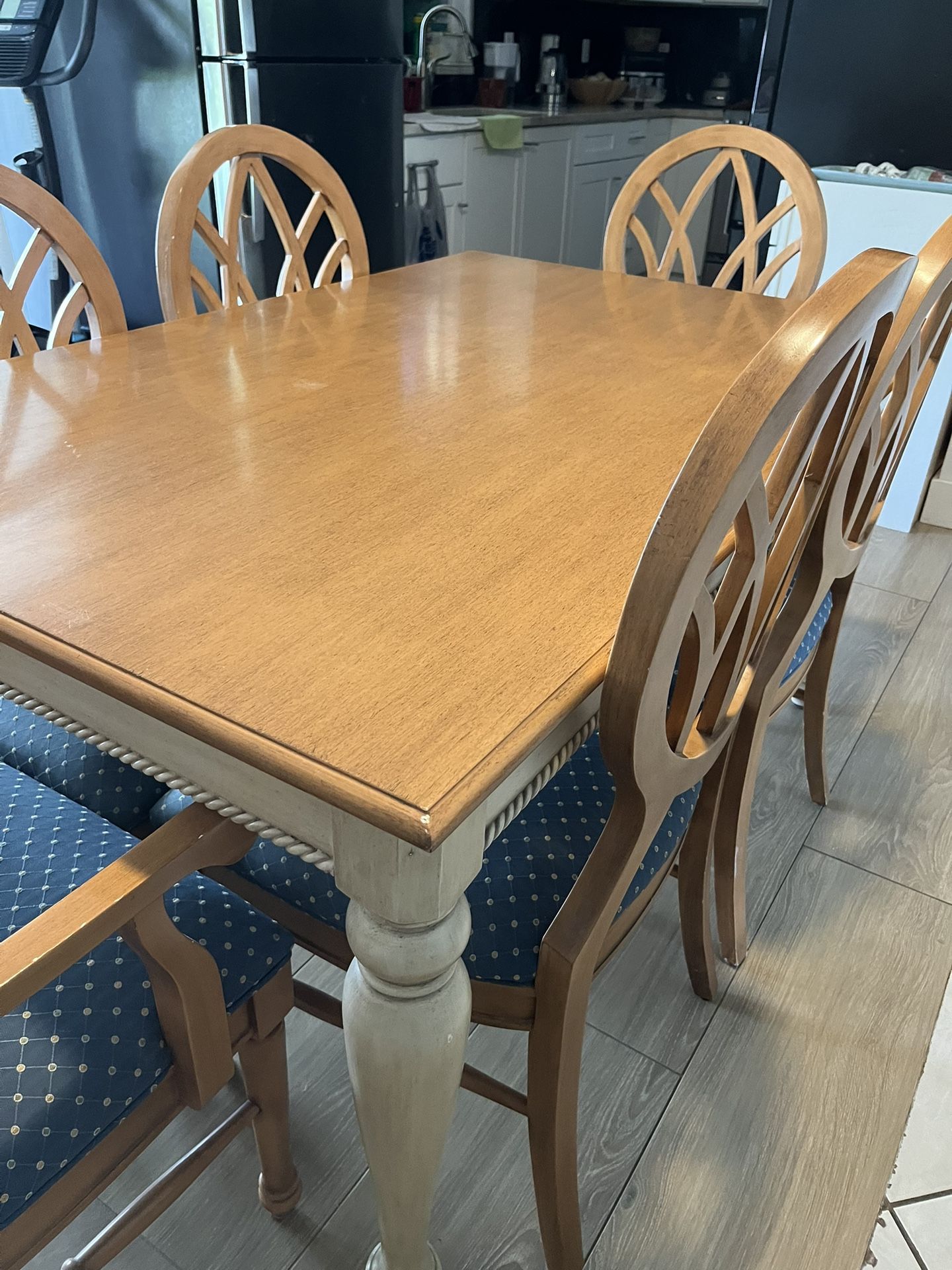 Hard Wood Table Set with Blue Accent Seats