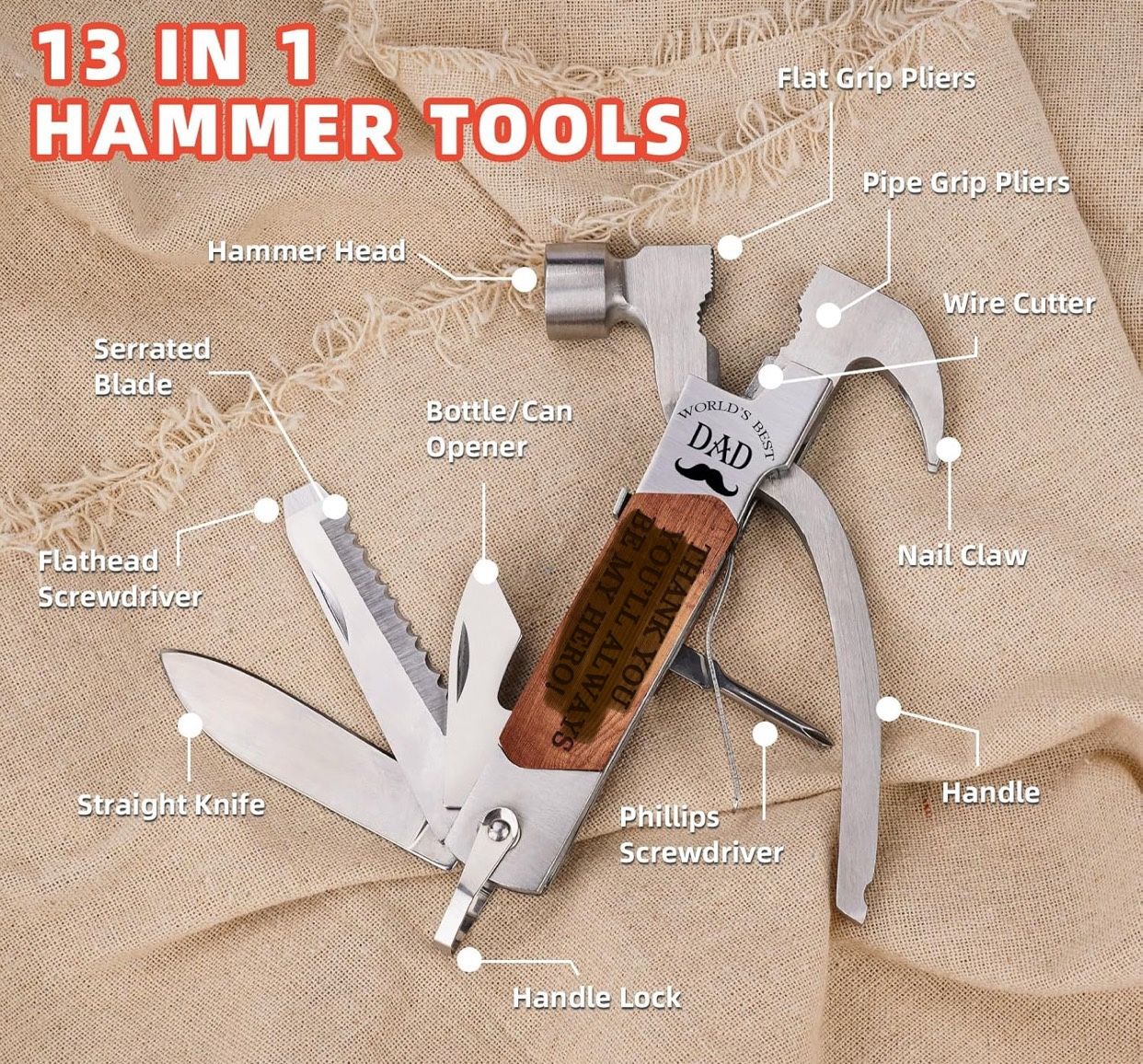 14-in-1 Stainless Steel Multitool, Perfect for Camping, Outdoors，Anumit Emergency Escape Hammer Tool with Knife, Plier, Screwdrivers, Saw, Fish Descal
