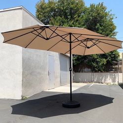 BRAND NEW $130 Large Double Sided Outdoor (15ft Umbrella and 65lbs Plastic Base set) Beige color