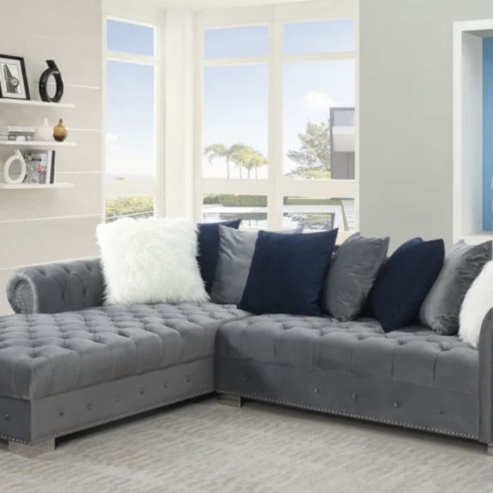 2 - Piece Velvet Sectional GREY SECTIONAL AVAILABLE NOW !!!