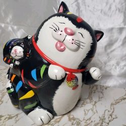 Vintage GKAO Black Rainbow Striped Cat Ceramic Cookie Jar  