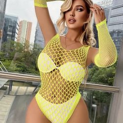 Fluorescent Yellow / Neon  Lingerie, Mesh Teddy Fishnet, Bodysuit w/Gloves