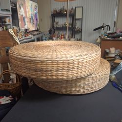 Handcrafted Woven Straw Tatami Floor Cushions Or Pouf Seats - Set Of 2 In Slightly Used But Good Condition, No Fraying 20"x4.25"