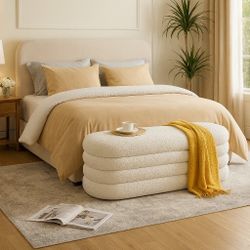 Ottoman Bench, Modern Upholstered Window Bench with Safety Hinge Lid, Oval White Ottoman for Living Room, Bedroom End of Bed