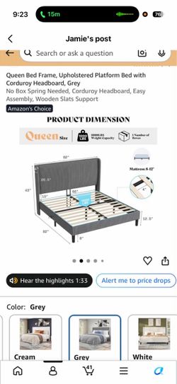 Queen grey velvet bed frame