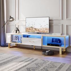TV Stand with LED Light for TVs up to 80 Inch, Modern Entertainment Center with Open Storage and Drawer, High Gloss Media Console Table for Living Roo