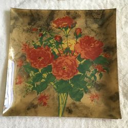 Vintage Gold Glass Floral Tray Plate Dish