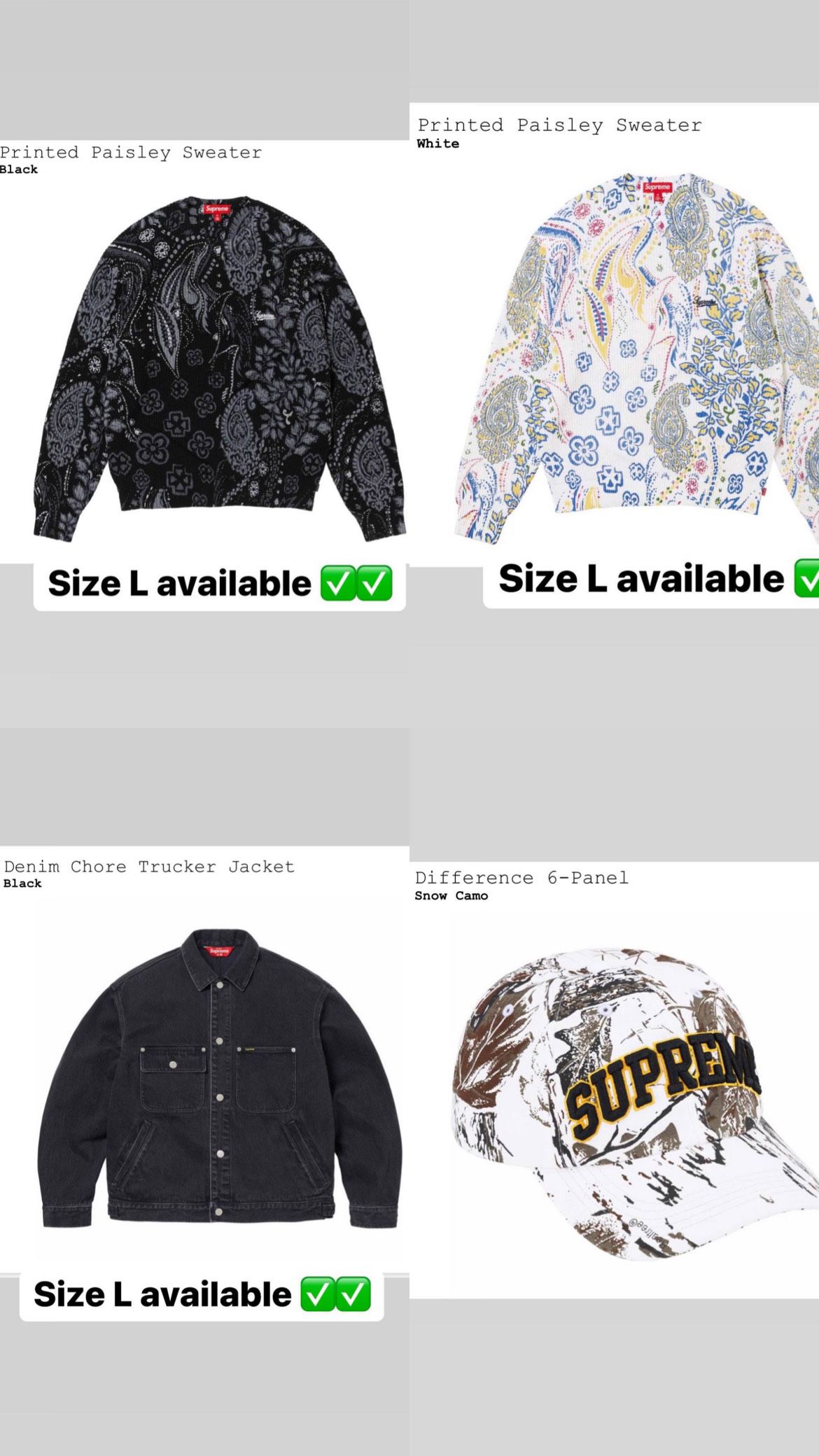 Supreme SS 24” Week 15 Trucker Jacket, Printed Paisley Sweater, Big Script Mesh Short, Camp Cap; 6 Panel
